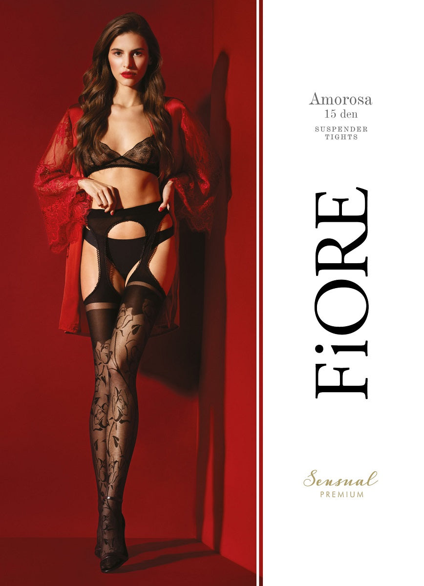 The black garter mimicking tights adorned with floral pattern exudes a captivating appeal.