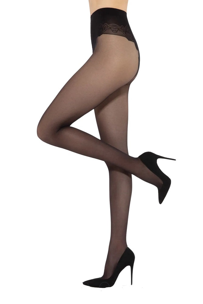 20 DEN Black Microfiber Fine Tights with Decorative Panty Section