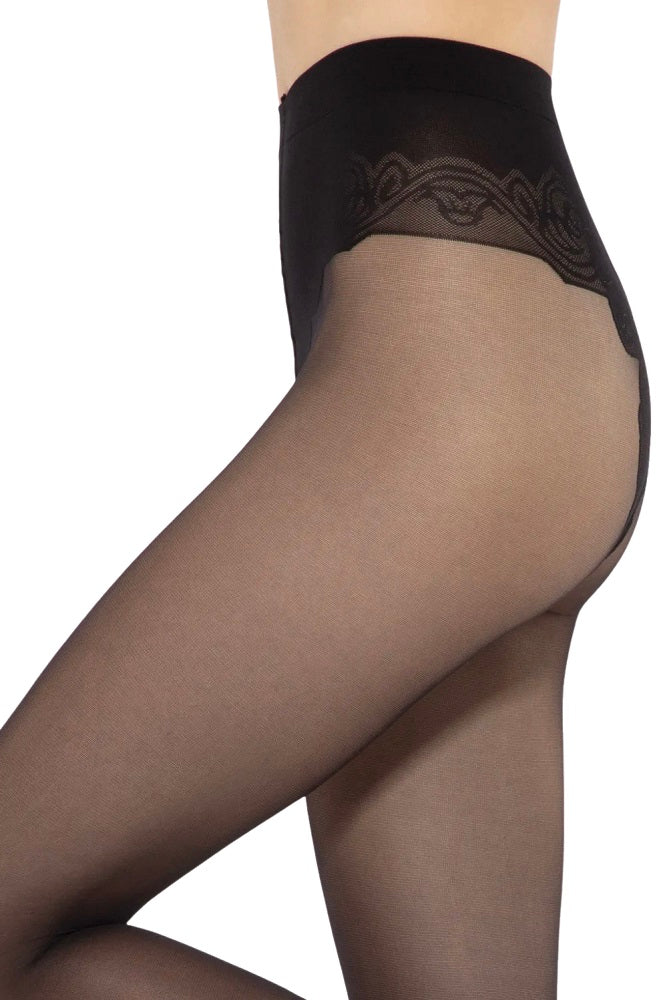 20 DEN zwarte fijne microvezelpanty's met decoratief pantygedeelte