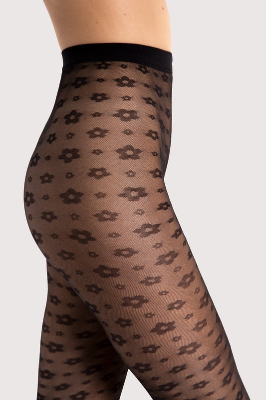 Floral Pattern Footloose Black Tights by Fiore